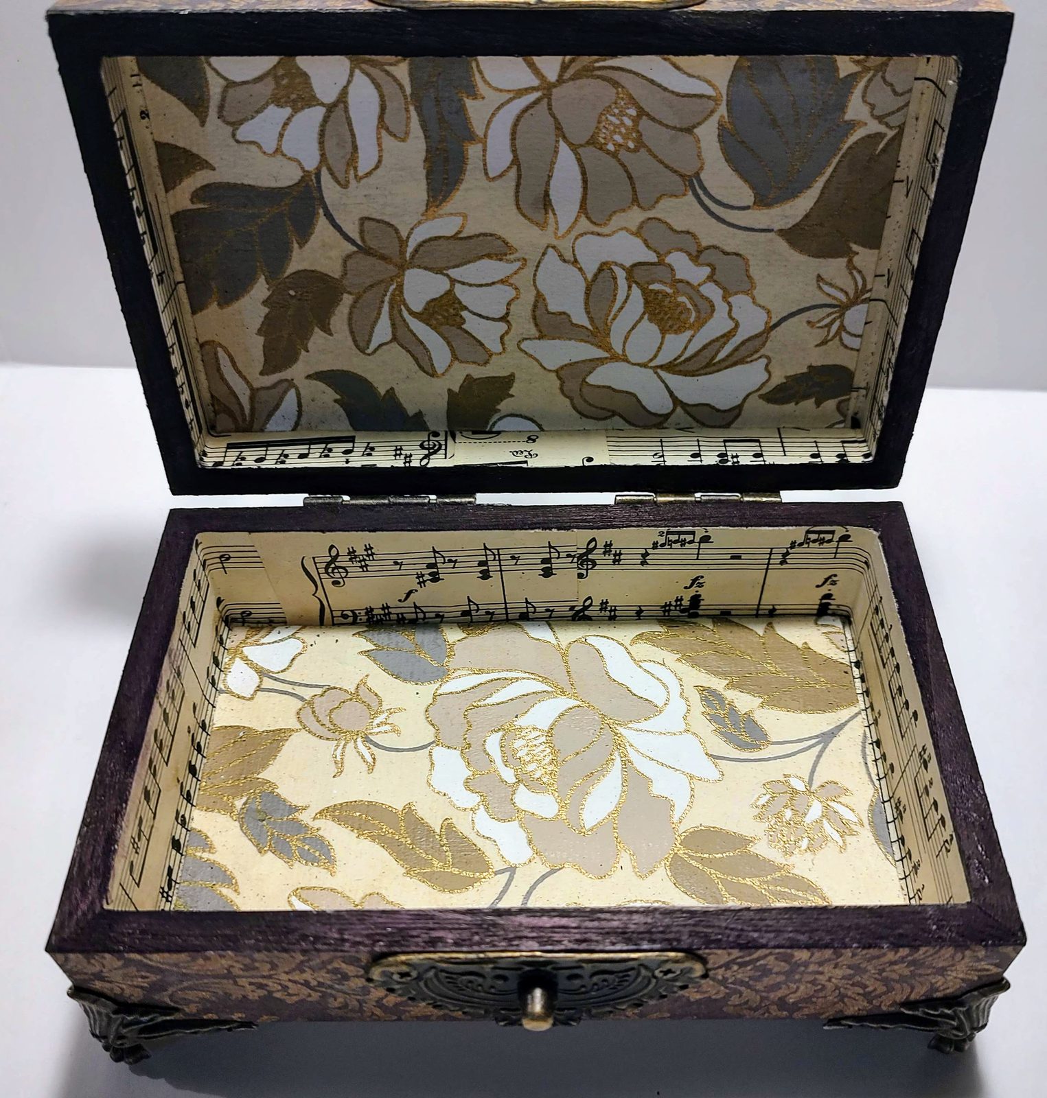 Baroque painted box — interior lined with vintage sheet music and gold florals
