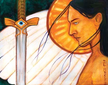 Elohim — a winged figure with a sword and a golden halo